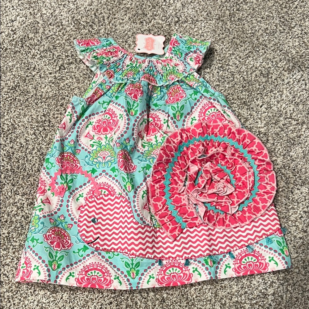 NWT Mud Pie Girls Aqua & Pink Floral Snail Appliqué Dress